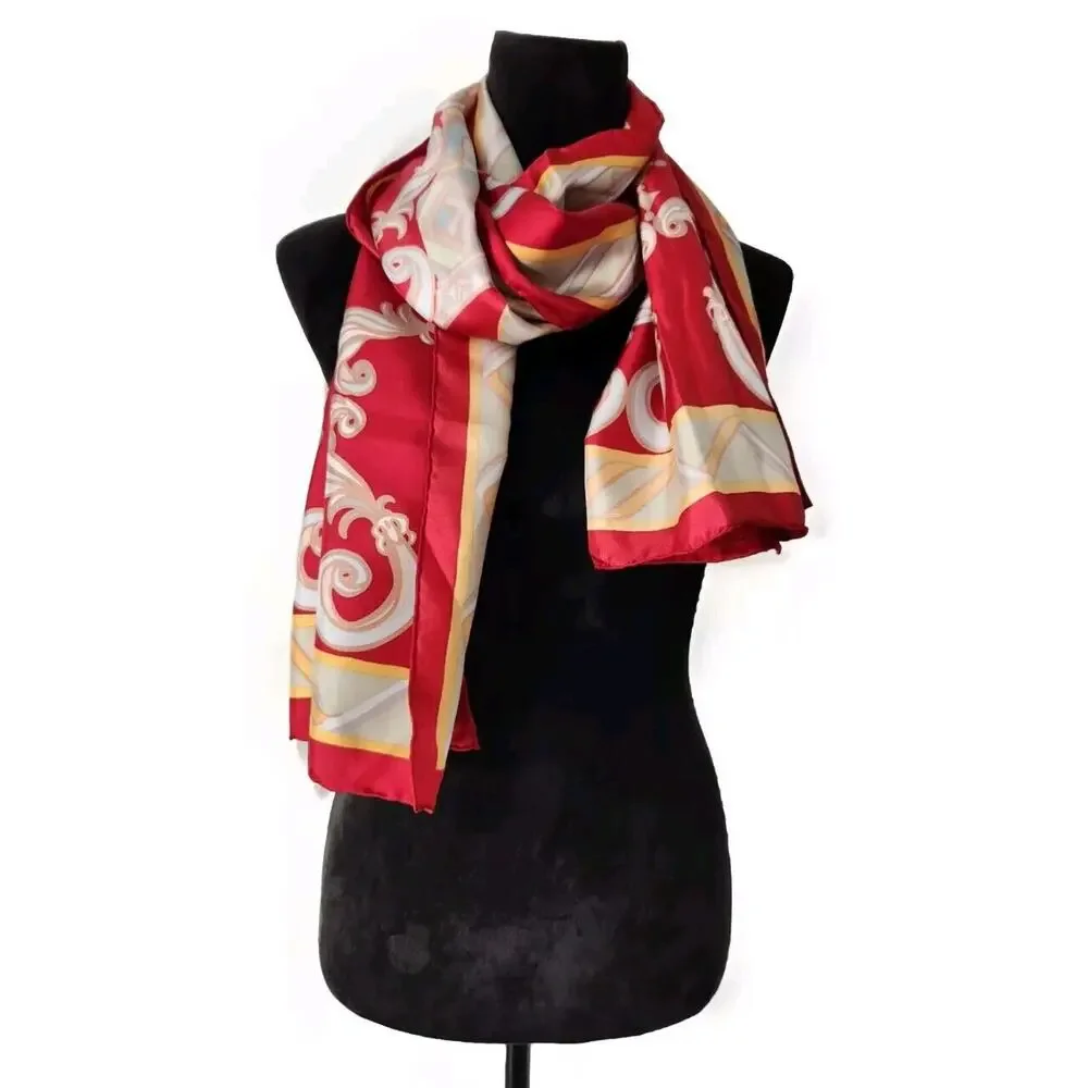 Vintage SW Kearney Neoclassical Print Silk Scarf 18.5×62.5 Red & Gold Old Money